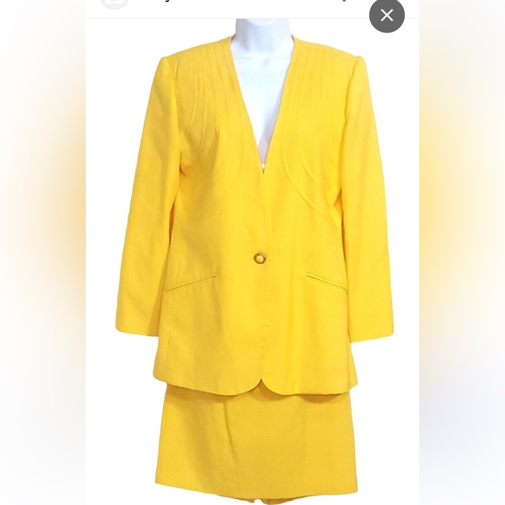 Women's 80s Vintage Skirt Suit Yellow 12" Box Blazer Fully Lined Pencil Skirt US